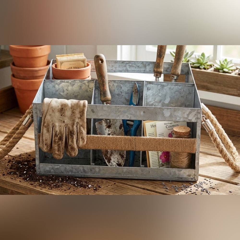 Silver Galvanized Metal Garden Caddy/ Misc Storage - 4 Compartment Woven Handles